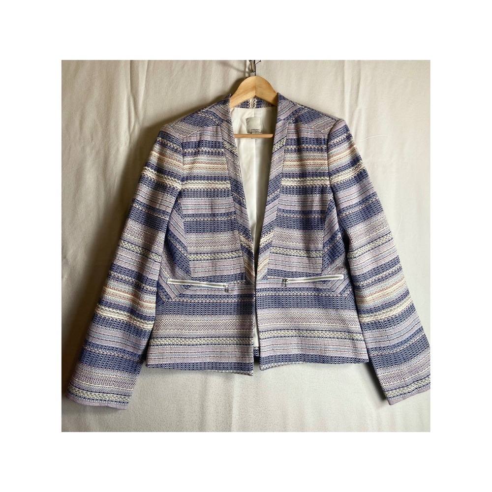 Halogen Women's Large Tweed Bouclé Blazer Jacket Blue Ivory Stripe Zip Pockets